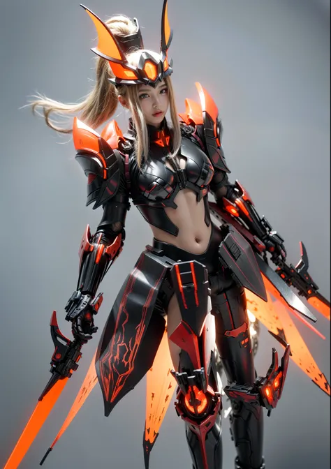 Fantasy cyberpunk world，1 Mechanical wonder，Defending world order；Samurai Mechanical Armor，Equip transparent weapons，Streamlined black and red design，Wearing a black cape，For one person，This is a large portion，Highest quality art，8K ultra-high resolution，D...