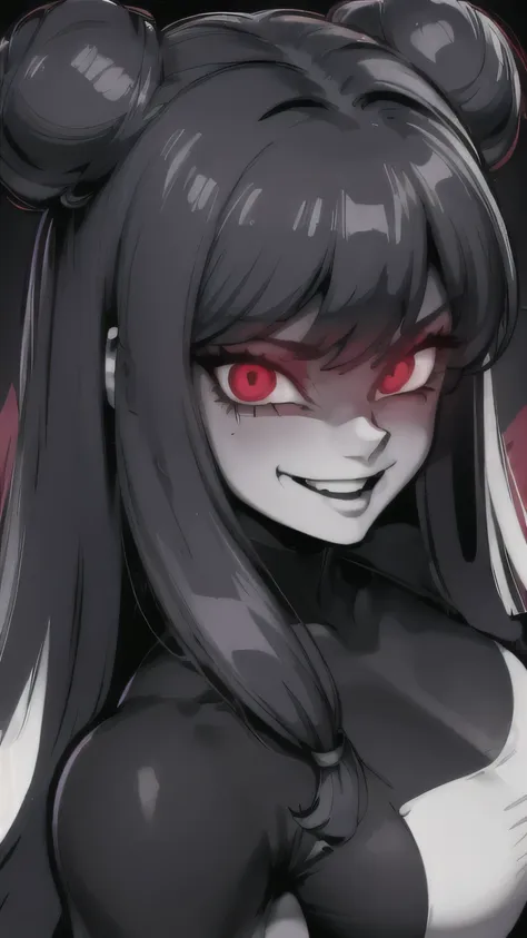 shampoo, fitness, muscular woman, sexy, beautiful, , red glowing eyes, gesugao,  big evil smile grim, portrait, close up, greysc...