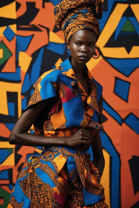 Zanele Muholi style - a modern fashion editorial using African patterns and bold colors, Featuring a backdrop inspired by Nigerian street art、Captured in a dynamic pose, Showcasing a fusion of African heritage and contemporary style.