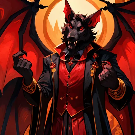 art by hoot, male semianthro vampire bat,dracula,opulent clothing,black,gold,red,glowing red eyes,long fangs,goatees,long clawed fingers,bat wings,seductive beckoning,svelte,lithe,sleek,sexy