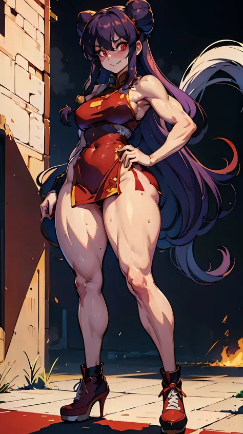 shampoo, Ranma 1/2, , bun head、Purple wide fur, double tail、Chinese traditional red dress. blank background. Fitness, muscular, shredded abs, thick thighs, thick calves, sexy legs, thicc thighs, large hips, thin waist, small breasts, high heels, sneakers, ...