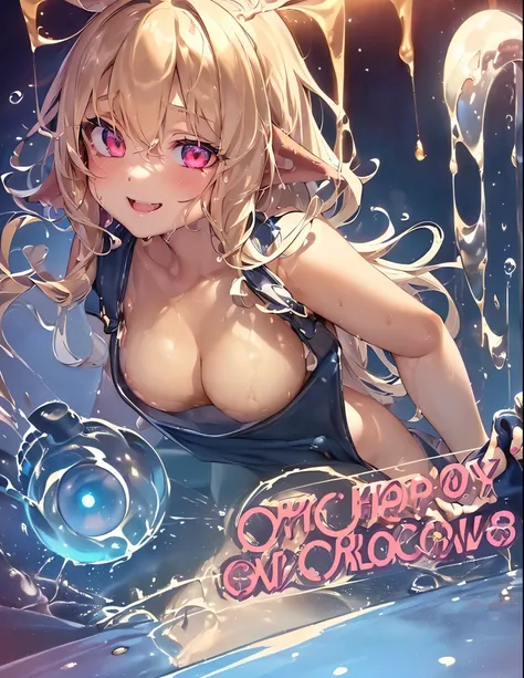 One girl、A little sexy、shiny gold platinum blonde hair,Red sparkling eyes、detailed cute eyes,(glowing eyes:1.4),laugh heartily,((Droopy eyeedium Curl Hair、Dog ears、playful smile,car wash, glistening light of Water splash Full of bubbles,small breasts,(Bare...