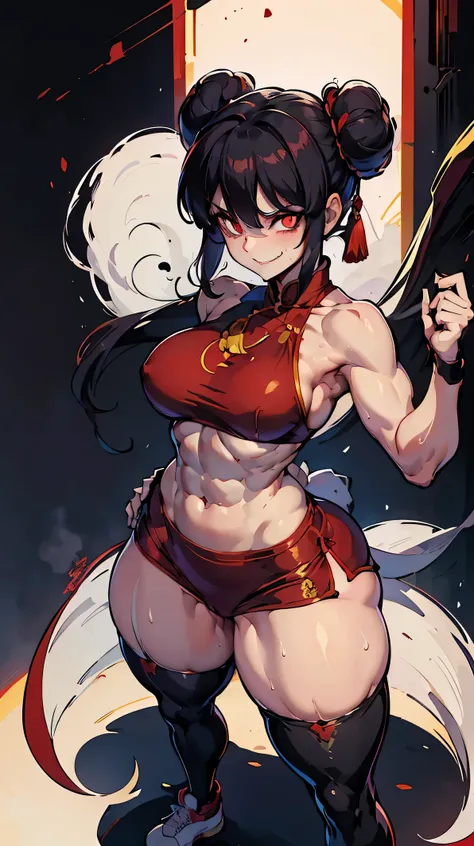 shampoo, Ranma 1/2, , bun head、Purple wide fur, double tail、Chinese traditional red dress. blank background. Fitness, muscular, shredded abs, thick thighs, thick calves, sexy legs, thicc thighs, large hips, thin waist, small breasts, high heels, sneakers, ...