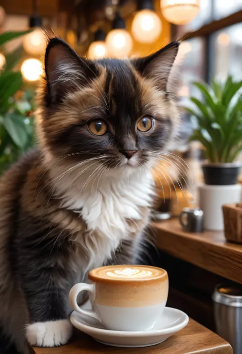 ute kitten in a cozy cafe environment, detailed fur, adorable expression, comfortable cafe setting, warm lighting, wooden table, potted plants, latte art, (best quality,4k,8k,highres,masterpiece:1.2),ultra-detailed,(realistic,photorealistic,photo-realistic...