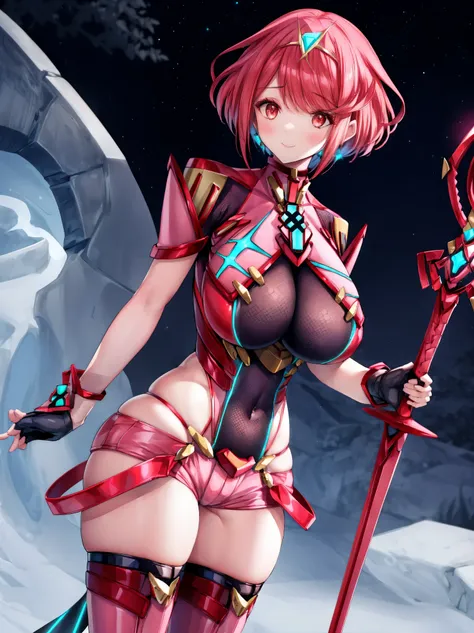 pyra \(xenoblade\), young_teen_1girl, armor, bangs, black gloves, breasts, red eyes, closed mouth, earrings, eyelashes, fingerle...