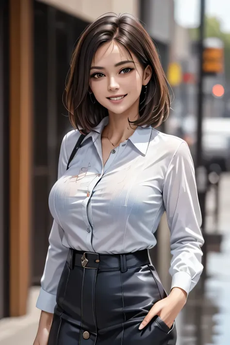 ((Highest quality, 8k, masterpiece: 1.3)), sharp: 1.2, Perfect Body Beauty: 1.4, 1female, Beautiful middle age, Highly detailed face and skin texture, Detailed eyes, double eyelid, eyelash, (Beautiful Teeth), grin, (Big Breasts), (Wet Blue Button Long Shi...