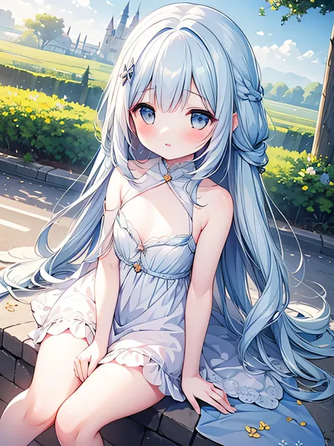 masterpiece, best quality, extremely detailed, (illustration, official art: 1.1), 1 girl, ((light blue long hair))), light blue hair, 10 years old, long hair ((blush)), cute face, big eyes, masterpiece, best quality, ((a very delicate and beautiful girl)))...