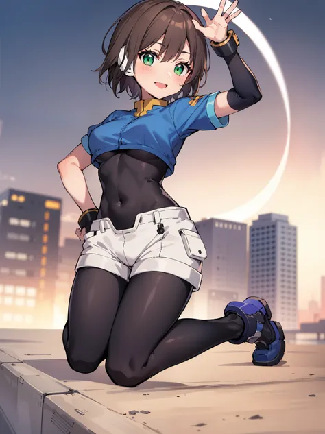 aile_megamanzx, kneeling with one hand on the ground and the other arm raised, 1girl, solo, short hair, brown hair, short sleeve...