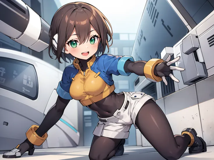 aile_megamanzx, kneeling with one hand on the ground and the other arm raised, 1girl, solo, short hair, brown hair, short sleeve...