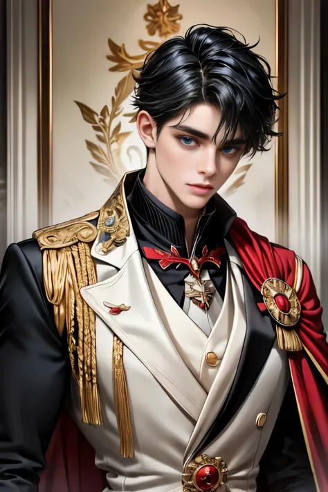 masterpiece, 最high quality, high quality, 1 boy, alone, Male focus, Upper Body,Watching the audience, Messy black hair, Adorable big blue eyes, White, Noble, Noble,A black and red cape that is bursting with sexy volume、Tuxedo、A very voluminous, large, very...