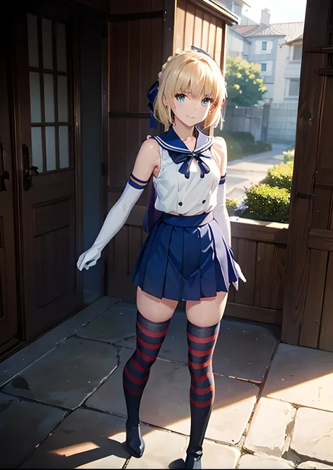 masterpiece, beautiful detail, beautiful light and shadow,Beautiful Anime Woman, Beautiful art style, Anime characters,1girl, ((((solo)))),saber,blonde hair, short hair, hair ribbon,Sexy Hard Body, sailor shirt, red tie,navel,elbow gloves,striped thighhigh...