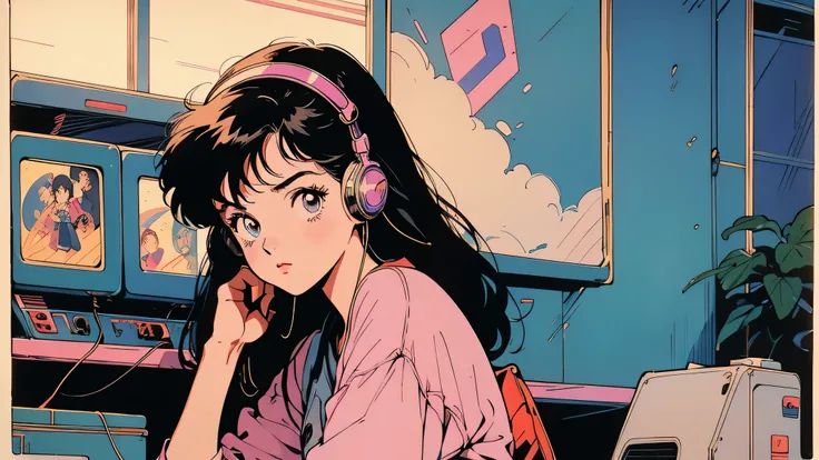 Retro arcade anime girl, Anime atmosphere of the 80s, 80s anime style, Retro Anime Girls, 1980s anime style, Retro anime images, Anime atmosphere, Playing games, Smoking、4k、Wearing headphones