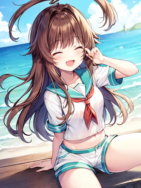 1young_teen_ girl, brown_hair, long_hair, sailor_uniform,white_ baggy_shorts, short_sleeve, thighs, small_breasts, big_smile, open_mouth, fang, harbor_landscape_background, slightly_spread_legs, happiness, covered_crotch,ahoge,XD,exciting_posing,closed_ey...