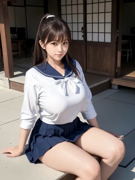 highest quality、8k、Realistic photo、1 girl、23 years old、Full body portrait、(Curvy body type、Embarrassing)、(Japanese 、Sitting with legs crossed、Spread legs、Positive)、(Dark brown hair ponytail:1.4、Japanese school sailor uniform:1.3、Navy Pleated Skirt、Skirt f...