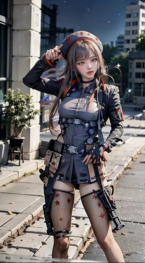 ultra-detailed、(8k、Highest quality、masterpiece:1.2)、(Realism、Realistic:1.37)、Ultra-high resolution、detailed face、(Highest quality)、(masterpiece)、Rapi、nikke、long hair、straight hair、whole body:1.5、((wearing Rapis suit、wearing Rapis beret、wearing Rapis tights...