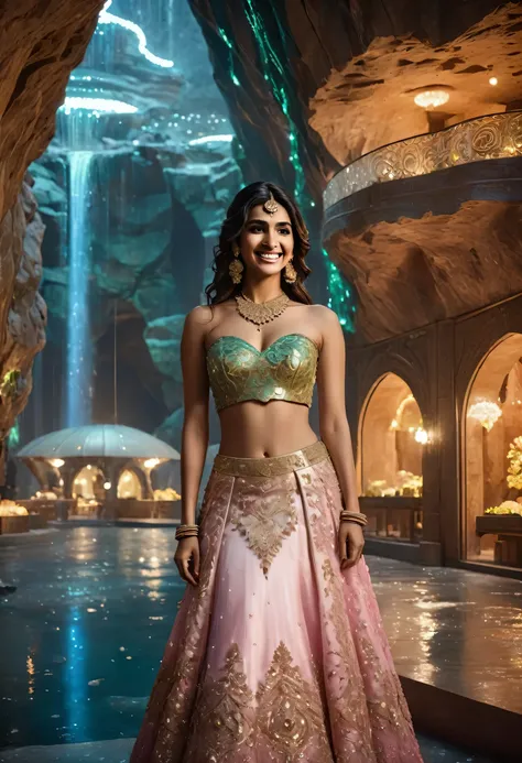 grand wedding scene, guests and beautiful smiling couple: man avatar green skin green avatar green man dress, indian girl in lehenga. full body. beige lehenga, red gold border, embroidery, embellish, stone work, exquisite, shimmering. Editorial Photography...