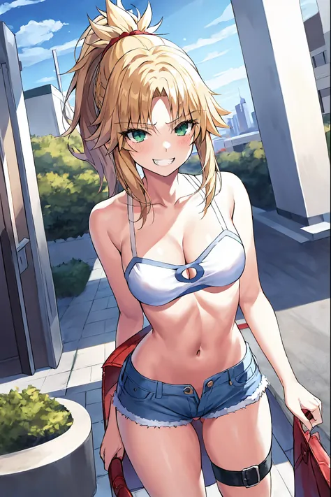 Masterpiece, Best Quality, illustration, city_street_landscape, 1girl, Mordred (fate), cowboy shot, collarbone, Detailed blond hair ponytail braid, green eyes, Red leather jacket, White short blouse, denim shorts,navel,thigh-high,grin, covered_pussy,skiny,...