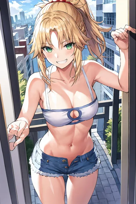 Masterpiece, Best Quality, illustration, city_street_landscape, 1girl, Mordred (fate), cowboy shot, collarbone, Detailed blond hair ponytail braid, green eyes, Red leather jacket, White short blouse, denim shorts,navel,thigh-high,grin, covered_pussy,skiny,...