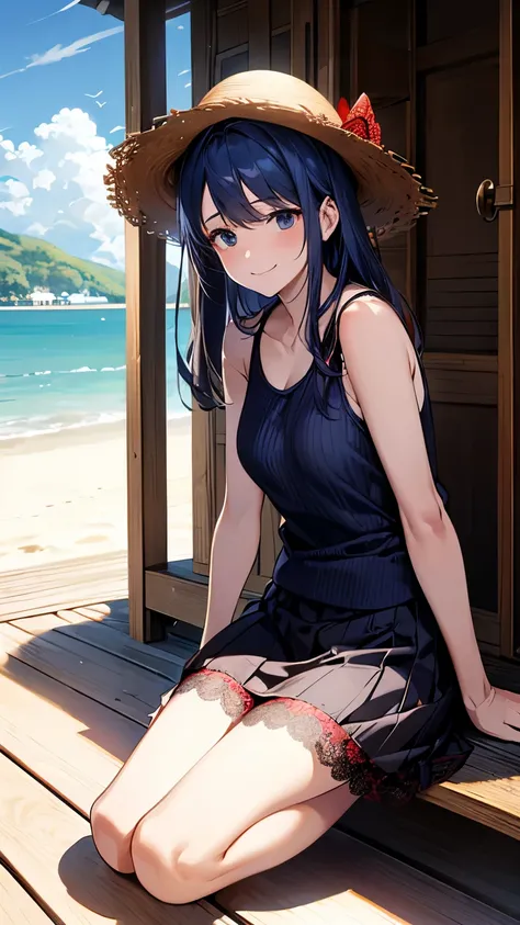 Sitting under the eaves of a seaside house, leaning back and kneeling. Front view, red lace underwear, straw hat, 40-year-old woman, wry smile, embarrassed. Narrow eyes, dark blue hair, white ribbed tank top, brown flared skirt, time passes peacefully.