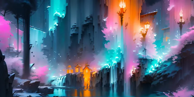 Dessinez un poster dun village, dans le style lofi, décoration féérique, cascade de lumière, grotte, stalagmites, stalactites, champignon, cristaux, la nuit, belle palette de couleurs varié, couleurs saturées vibrantes, œuvre dart, aucun humain, thème lumi...