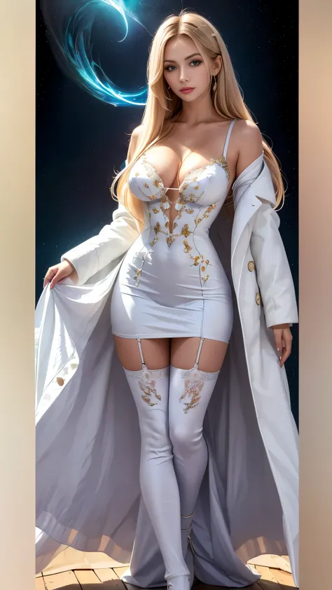 Mary R. Sweet girl clothes5,high-waist skirt,jewelry,thighhighs,  White hair , (((White luminous dress , White giant dress , Dress glitter , dress ))) ,Beautiful dance dynamics , Long legs , small thighs((Huge long white hair，Glowing coat , Long flowing ha...