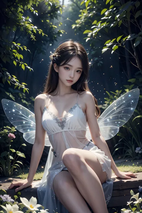 beautiful fairy, surrounded by fireflies, ethereal and dreamy atmosphere