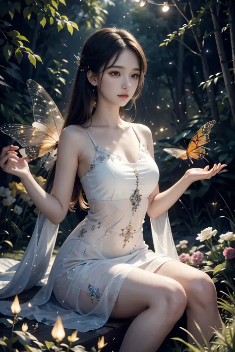 beautiful fairy, surrounded by fireflies, ethereal and dreamy atmosphere