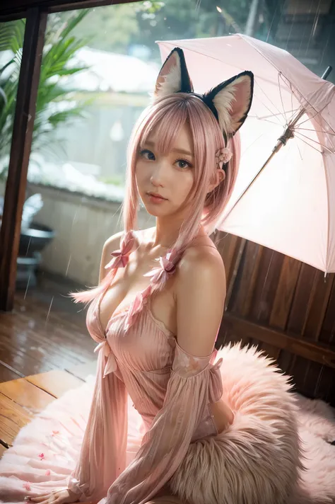 Nine snow-white fox tails (1.0), milky fox tail (1.0), fox close-up of nine tails, nine-tails, nine-tails, anime girl with pink hair and pink dress with flowers on her hair, very beautiful anime fox girl, beautiful anime fox girl, beautiful fantasy anime, ...