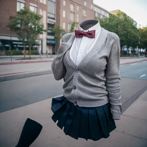 (invisible, no humans, headless, handless, faceless:1.5),cute big breasts, dynamic angle, (cardigan, bowtie:1.3), (school uniform, pleated skirt, black footwear, white socks, loafers, grey skirt, loose socks), high resolution, (8k, RAW photo, best quality,...