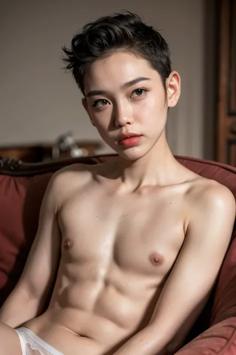 ((Young Boys:1.2)), Spread, ((details nipples:1.34)), ((SLEEPING LIE DOWN FEMBOY)), (((SAD FACE EXPRESSION:1.1)), ((NECK LACE)), ((GOTHIC EYELASHES & LIPS)), ((LIPS)), ((MENS STYLE SHORTHAIRCUT)), adorable, 1 girl, (face to face), 10 years old, baby face, ...