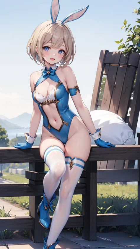 GRANBLUEfantasy,1young_teen_ girl,brown_hair,medium_bob_hair,platina_blond_hair,white_leotard,covered_crotch,thigh-highs,smile,standing,bluesky_landscape_background,slightly_spread_legs,happiness, short_gloves ,solo, r18, navel,relicbuster,short,boots,open...