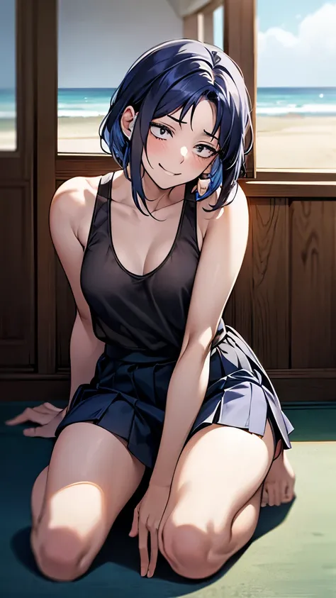 From the front, sitting under the eaves of a beach house, leaning back and kneeling. Red underwear, 40-year-old woman, wry smile, embarrassed. Slanted eyes, dark blue hair, see-through tank top, see-through skirt