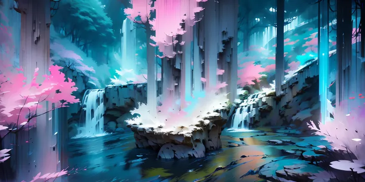 Dessinez un poster dun village, dans le style lofi, décoration féérique, cascade de lumière, grotte, stalagmites, stalactites, champignon, cristaux, la nuit, belle palette de couleurs varié, couleurs saturées vibrantes, œuvre dart, aucun humain, thème lumi...