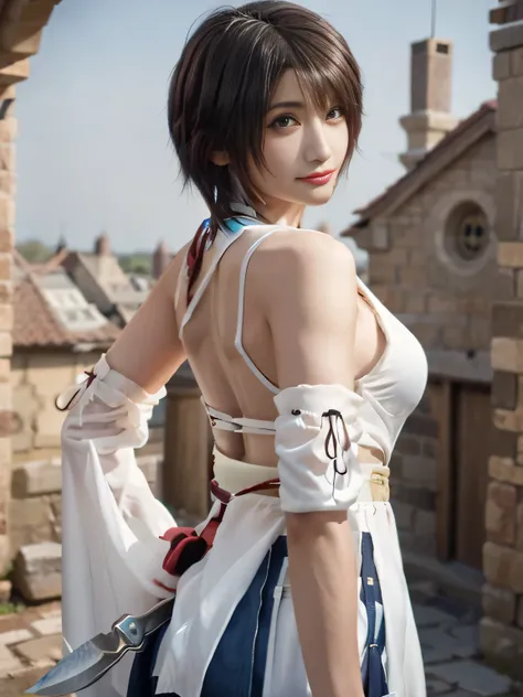 20 year old Japanese beauty，One woman、Muscular body like a bodybuilder、Emphasize the breasts、Slit eyes、A head-to-toe view，Bust is very very large、The background is a medieval European kitchen、High quality photos、Clear, crisp images of the lower body、Master...