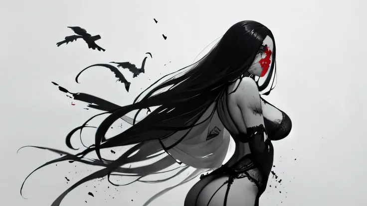 bs, solo, simple background, monochrome, hot body, greyscale, bodysuit, black background, 1other, monster, arms at sides, horror (theme) there is a large-breasted woman in the picture with her arms torn off and her face bleeding, ravens flying in the backg...