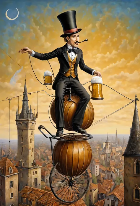 Neo surrealism, whimsical art, painting, fantasy, magical realism, bizarre art, pop surrealism, inspired by Remedios Var, Jacek Yerka and Gabriel Pacheco. Create an a  man with a top hat riding a unicycle on a wire that is placed between two towers and jug...