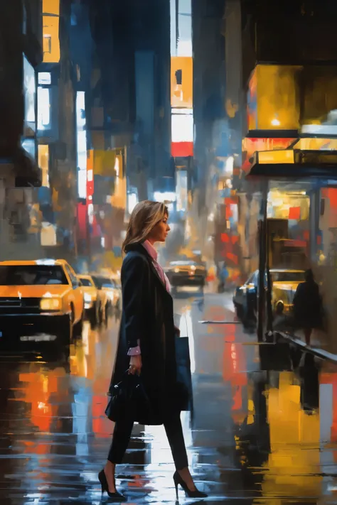 Ben Aronson style - imagine a Macedonian woman in the same way, now、In the midst of a vibrant city, Reflecting the hectic urban life. She is wearing a stylish business suit, Embodies the modern spirit, Independent woman. Medium is photographic hyperrealism...