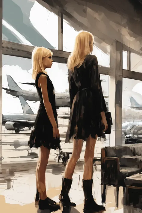 Ben Allenson style - young blond teenager, And a small, dark-haired girl in a black dress, standing in front of the balcony overlooking the airport lounge, Thomas Sariott and Russ Mills style