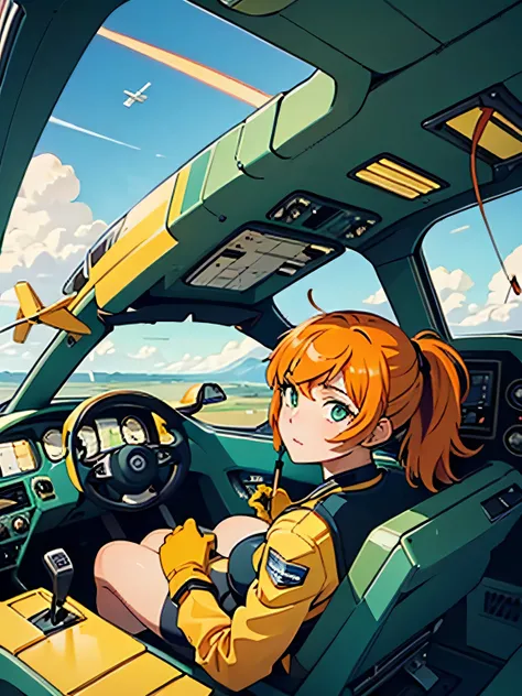 (masterpiece), (Highest quality), One person, pilot, Flying helicopter, From the cockpit, leotard, barefoot, gloves, Bright yellowish orange hair, short hair, Green Eyes, bangs, ponytail