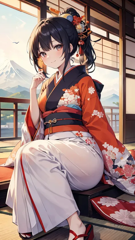 An anime character wearing a kimono is sitting on the floor.　Two Japanese people sitting in a Japanese room. 、A fascinating scene featuring a beautiful Japanese woman with distinctive features, 冬のFuji Mountainを背景に. Fuji Mountain. puts her black hair in a p...