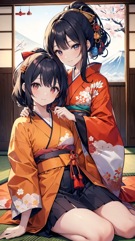 An anime character wearing a kimono is sitting on the floor.　Two Japanese people sitting in a Japanese room. 、A fascinating scene featuring a beautiful Japanese woman with distinctive features, 冬のFuji Mountainを背景に. Fuji Mountain. puts her black hair in a p...