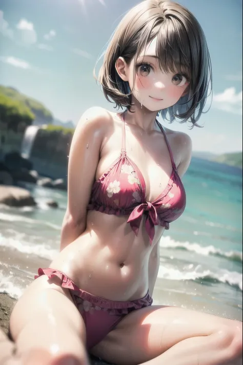 very cute and beautiful girl,(highly detailed beautiful face),(frilled floral pink bikini),sweat,wet, sitting,spread legs,arms behind back,beach,distant rugged cliffs,(smile),happy,looking at viewer,black hair, (best quality,masterpiece),absurdres,highres,...