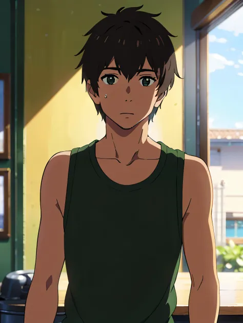 Highres, Masterpiece, Best quality at best,Best Quality,hight quality, hight detailed, Anime style, 1boy, Shota, young boy, Solo person, Taki, Makoto shinkai, green shirt, Tank top, upper body, Seen from the front, look at viewer, (very young boy), (very s...