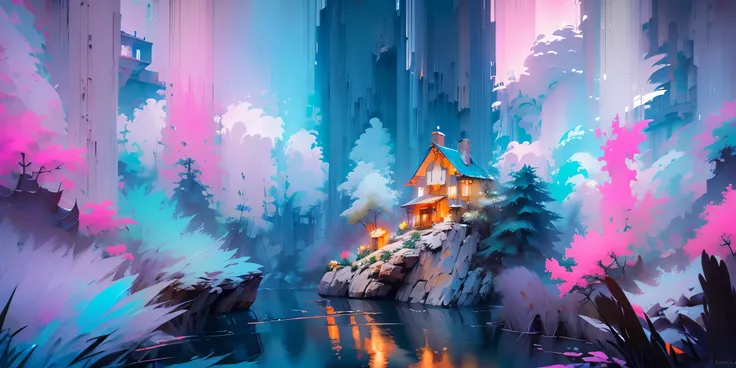 Dessinez un poster dun village, dans le style lofi, décoration féérique, cascade de lumière, grotte, stalagmites, stalactites, champignon, cristaux, la nuit, belle palette de couleurs varié, couleurs saturées vibrantes, œuvre dart, aucun humain, thème lumi...