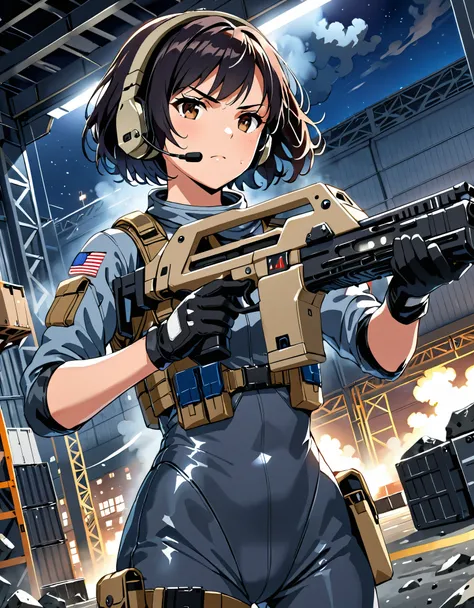 1girl, solo, short hair, black hair, brown eyes, skintight, astronaut, black leatord, tactical gear, gloves, headset, sweat, serious expression, holding gun, m41apls, aiming, trigger discipline, dutch angle, indoors, warehouse, dark, night, debris, backlig...