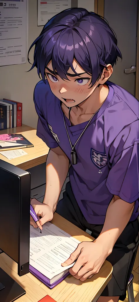 A male high school student wearing purple clothes desperately doing his summer vacation homework at home。A face expressing despair, shouting, and burning with anxiety.。