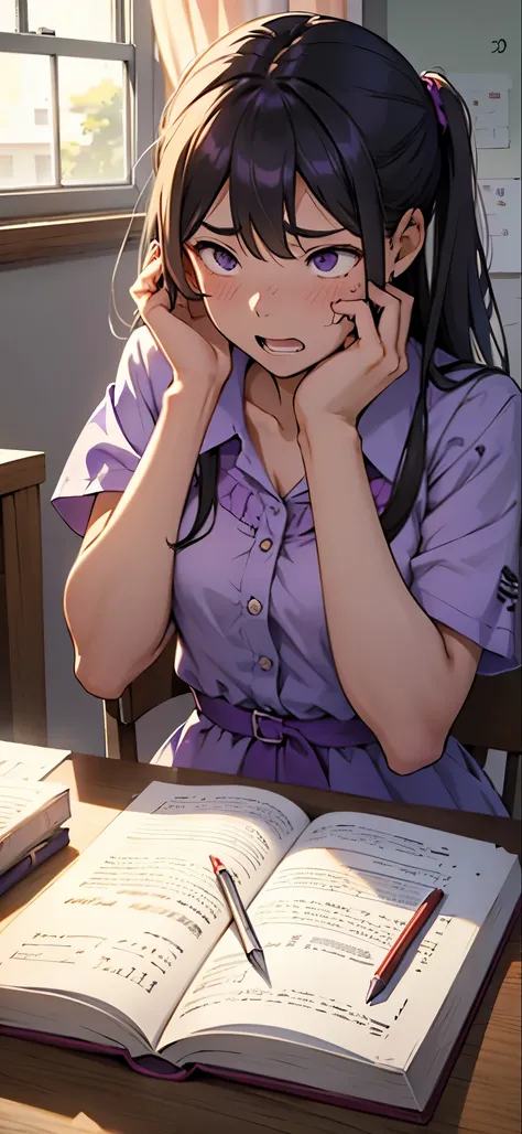 A high school girl in a purple dress is diligently working on her summer vacation homework at home.。A face expressing despair, shouting, and burning with anxiety.。