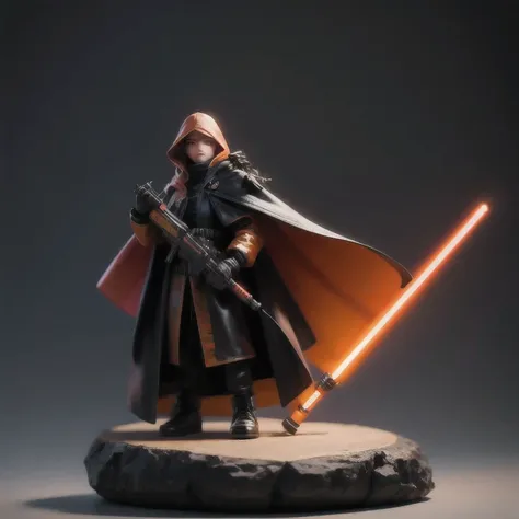 Black gold silk cyberpunk mine snow light orange rough linen cloak 6Trump lightsaber space floating 1:6 Miniatures，illustration