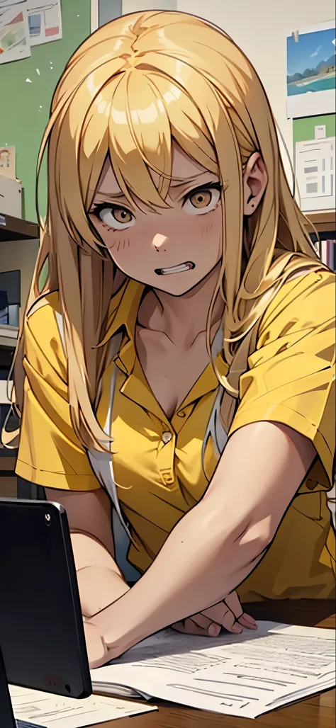 A blonde high school girl in a yellow shirt, desperately working on her summer homework at home.。A face expressing despair, shouting, and burning with anxiety.。