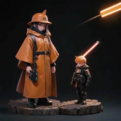 Black gold sil如k cyberpunk mine snow light orange rough linen cloak 6Trump lightsaber space floating 1:6 Miniatures，illustration